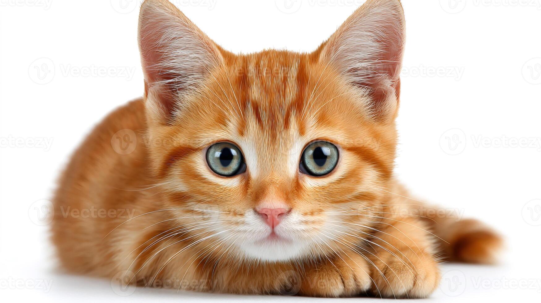 Ginger kitten lying on white background with big eyes photo