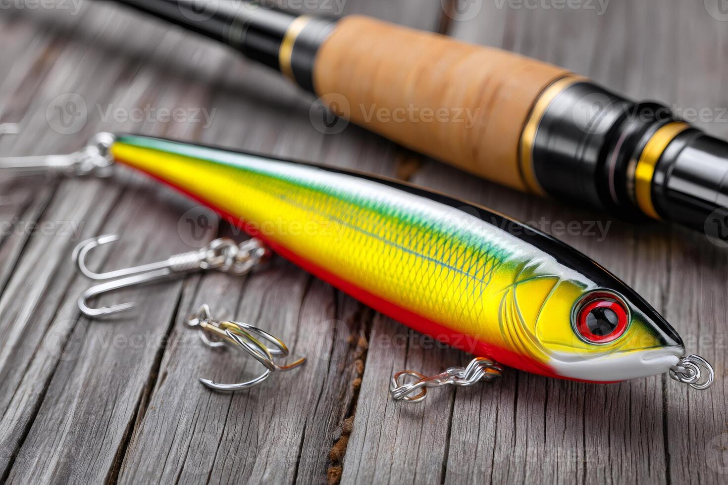 Colorful fishing lure and fishing rod resting on wooden surface photo