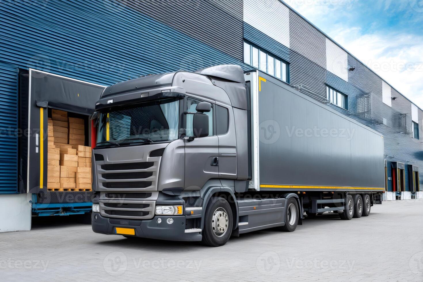 Gray semi truck loading cargo at warehouse dock on a sunny day photo