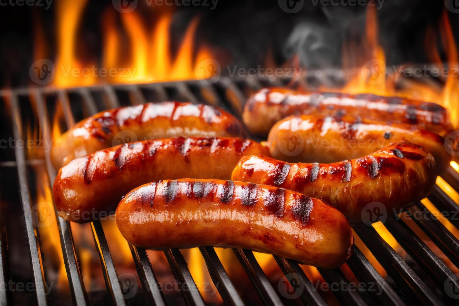 Delicious sausages grilling on barbecue with flames. . photo