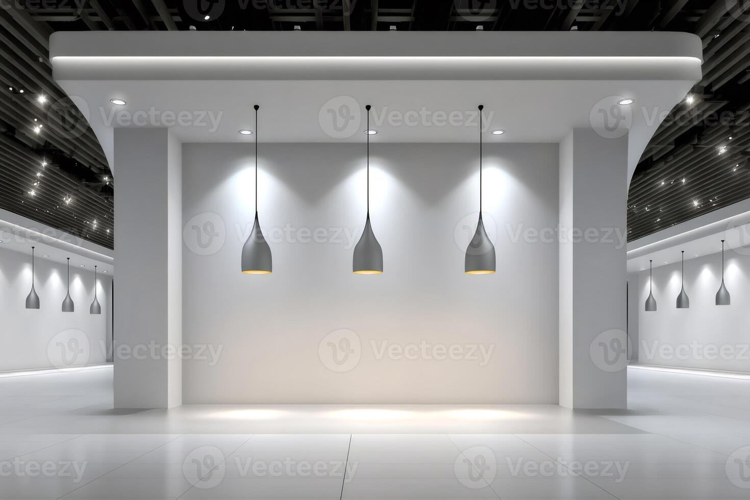 Modern lamps illuminating empty white exhibition hall with dark ceiling photo