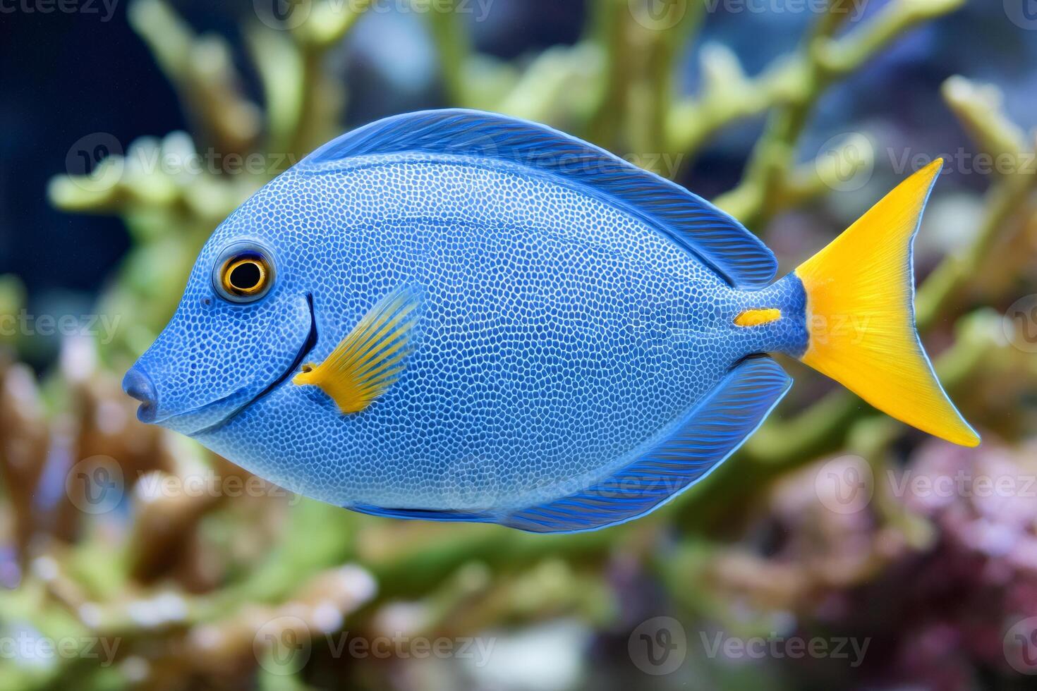Powder blue tang fish swimming in coral reef aquarium. photo