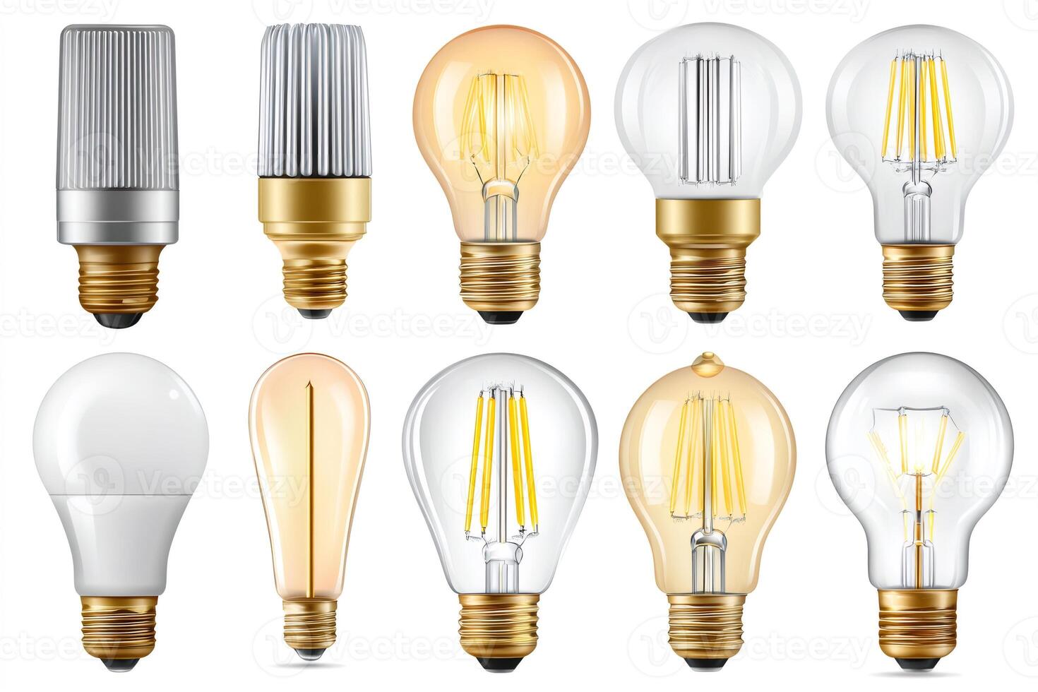 Realistic led light bulbs showing different shapes and filament designs. . photo