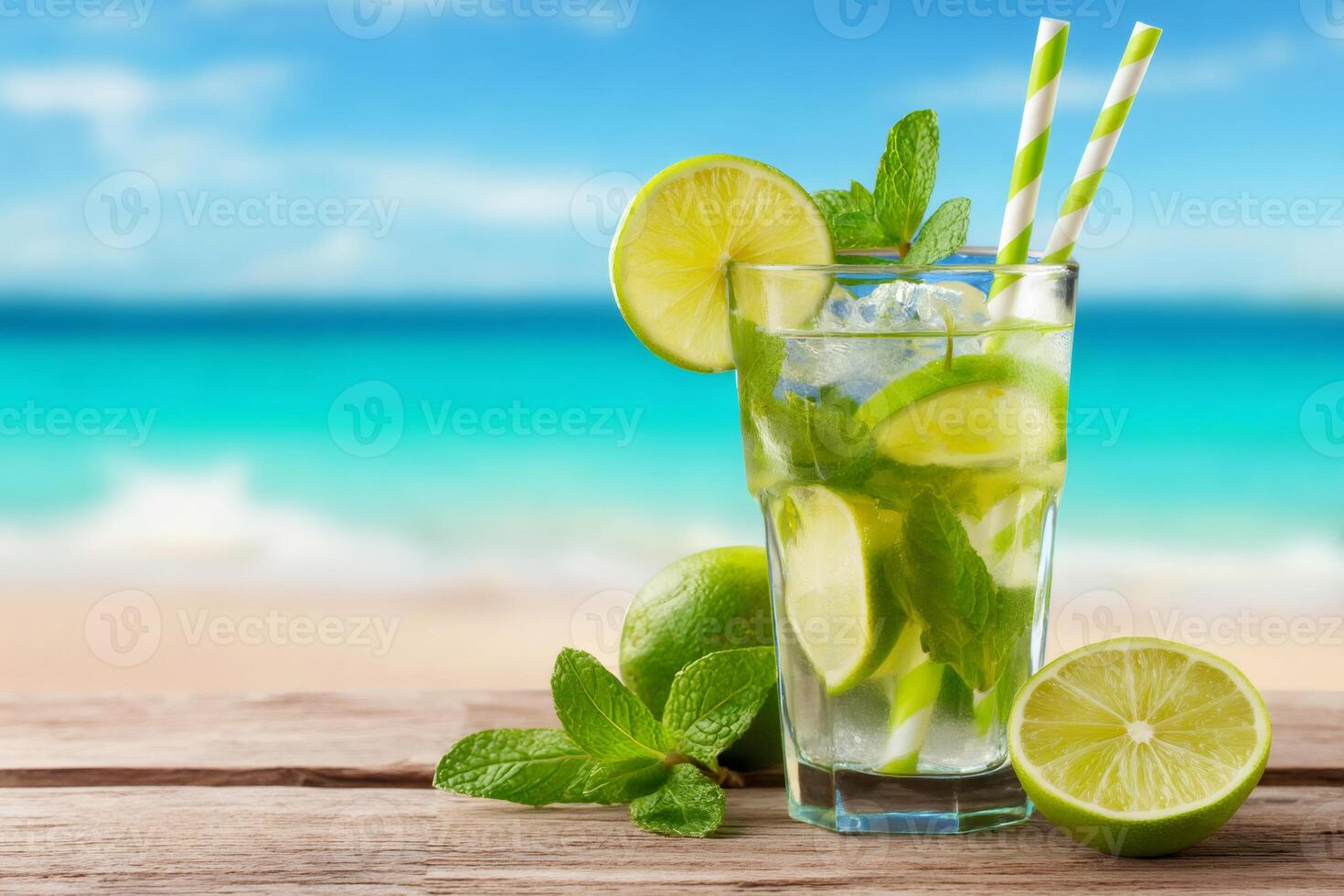 Refreshing mojito cocktail resting on wooden table with ocean view photo