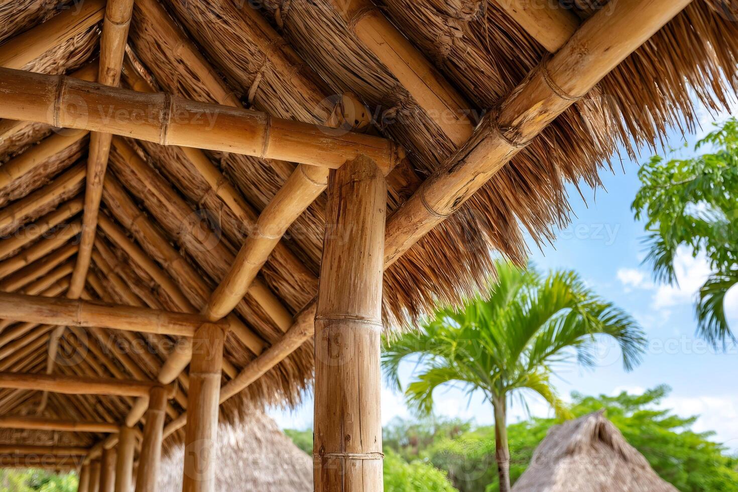 Bamboo structure supporting thatched roof in tropical setting photo