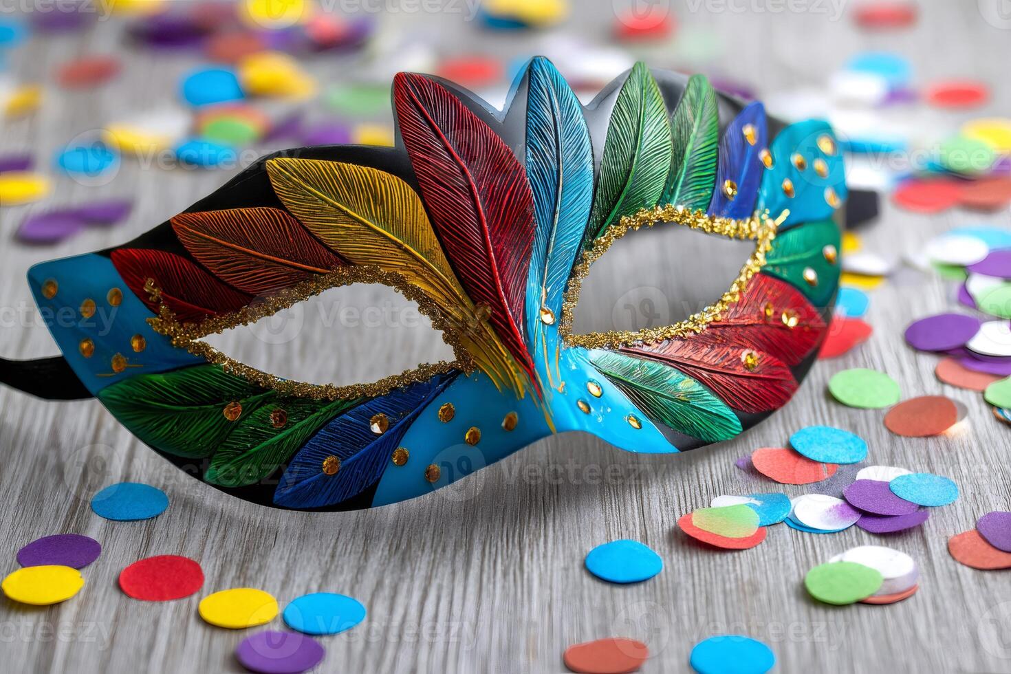 Colorful carnival mask lying on gray wooden table with confetti surrounding it photo