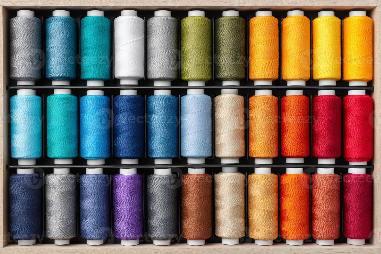 Set of colorful sewing threads arranged neatly in wooden box photo