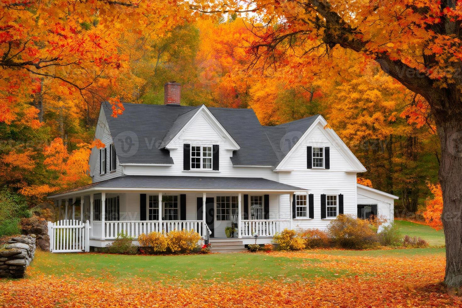 Classic white farmhouse nestled in vibrant autumn foliage photo