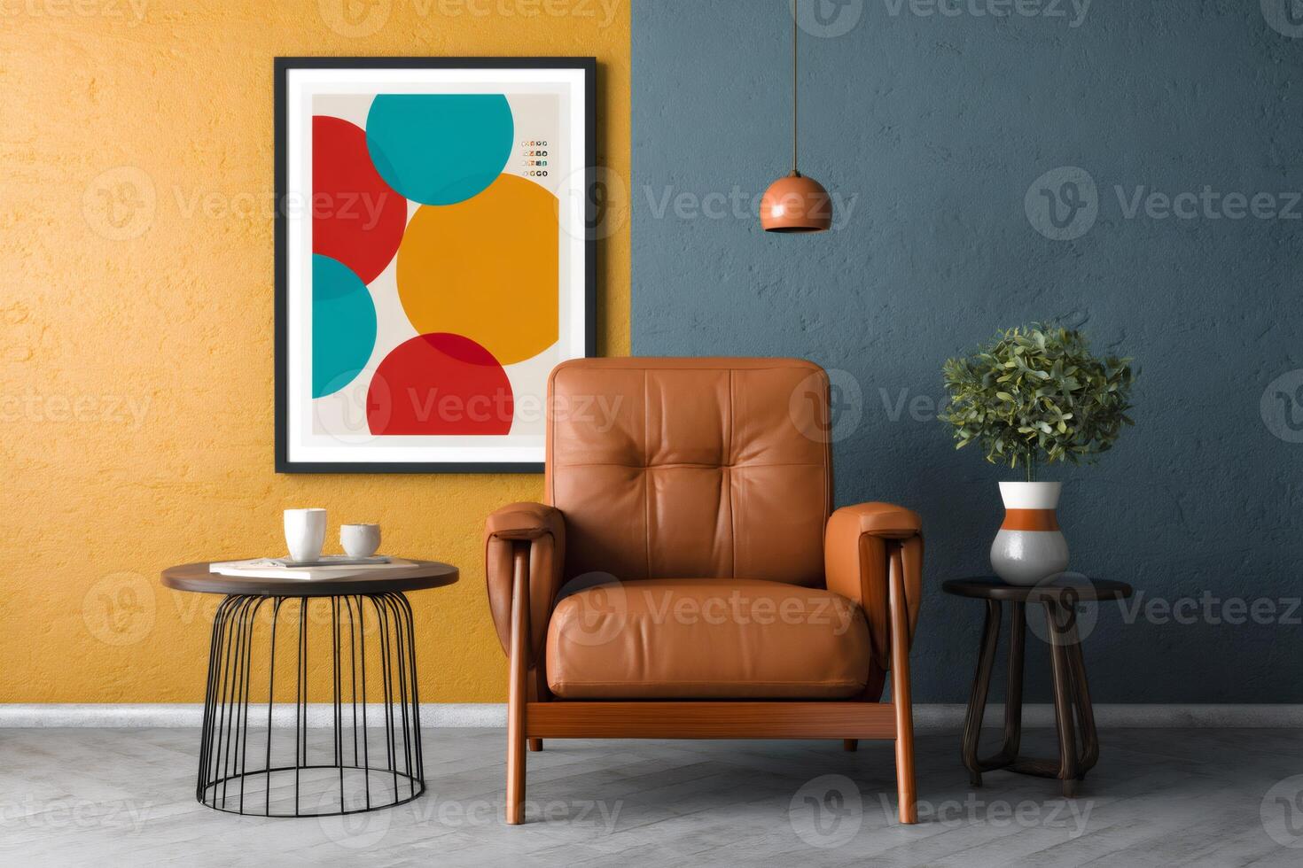 Modern interior design with comfortable leather armchair and colorful abstract art photo