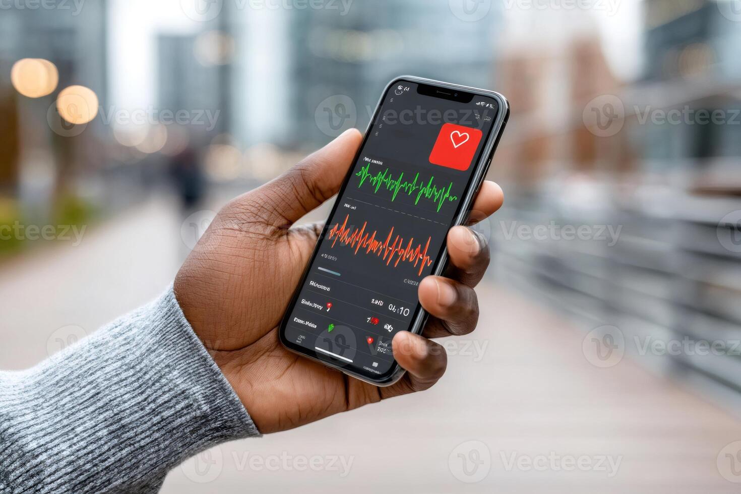 Businessman checking heart rate app on mobile phone in urban setting photo