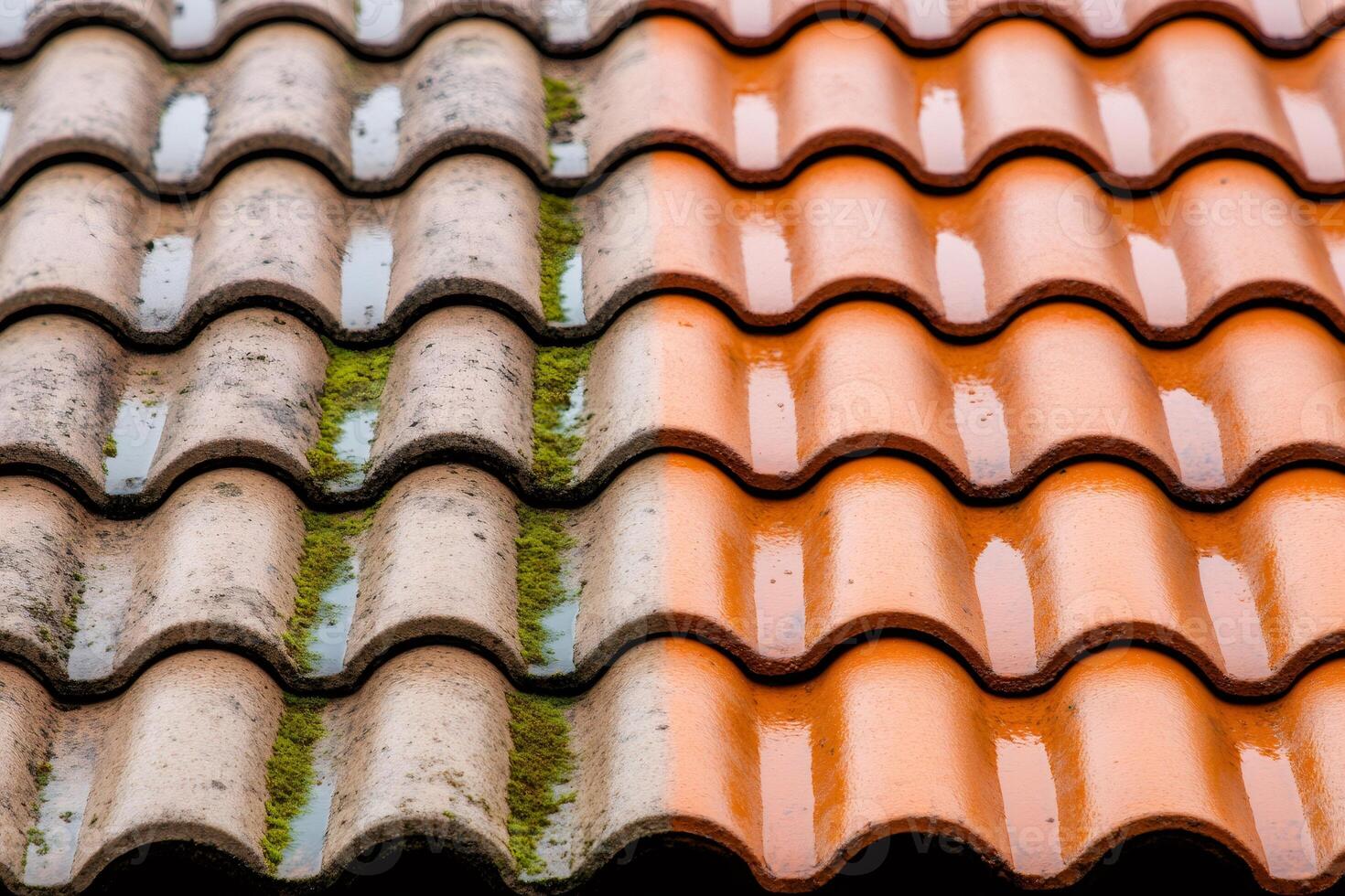 Moss removing chemical products cleaning a roof before and after photo