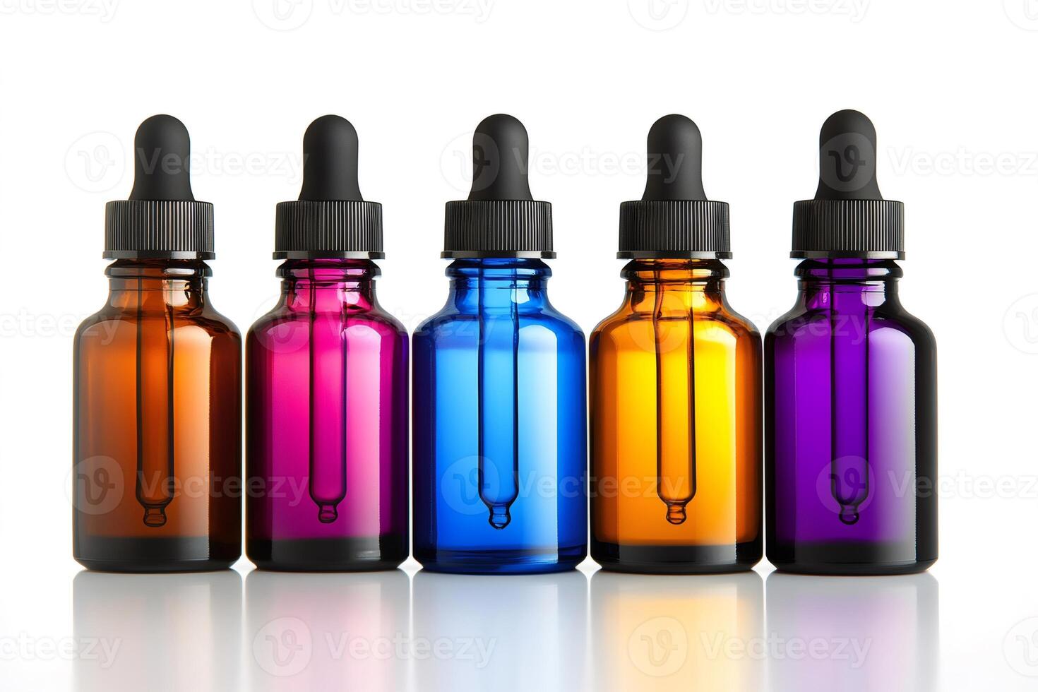 Five colorful dropper bottles containing aromatic or medical liquid photo