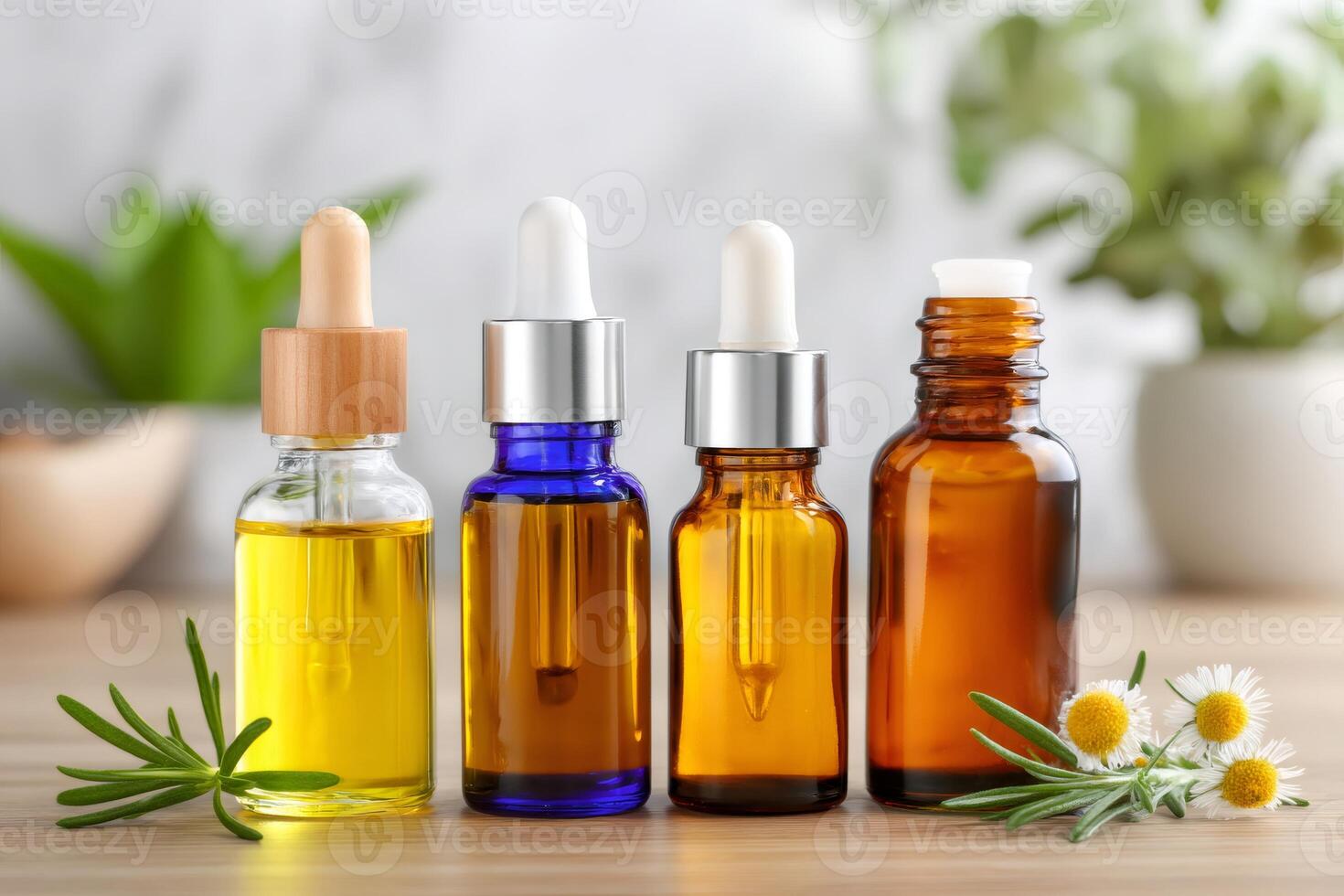 Different essential oils and herbal medicine ingredients displayed on a wooden table, promoting relaxation and well being photo