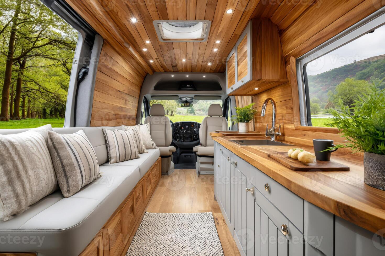 Camper van interior featuring modern kitchen and cozy seating area photo