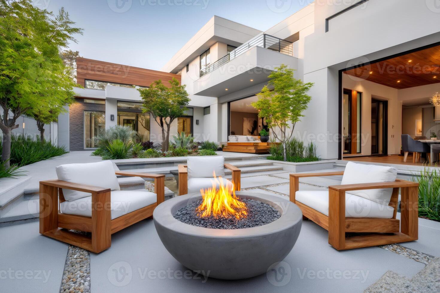 Modern backyard patio with fire pit and comfortable seating in luxury home photo