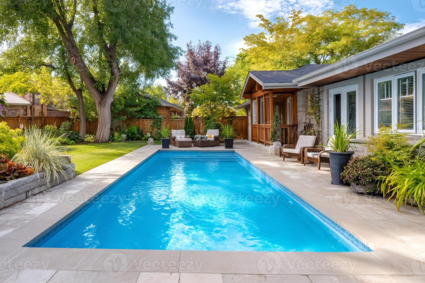 Serene backyard oasis with sparkling pool and lounge area photo