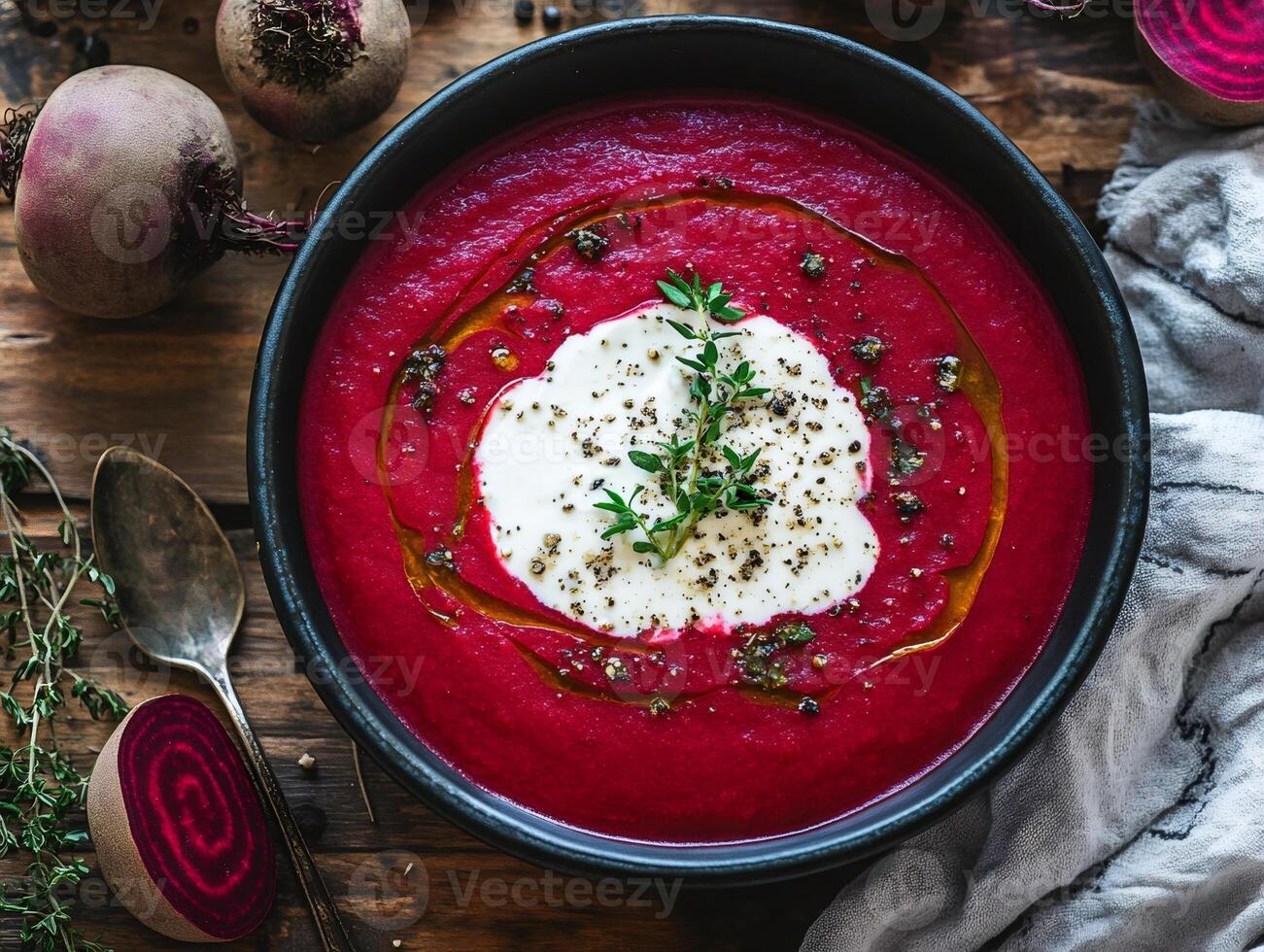 Beetroot cream soup with thyme and spices in black bowl on wooden table photo