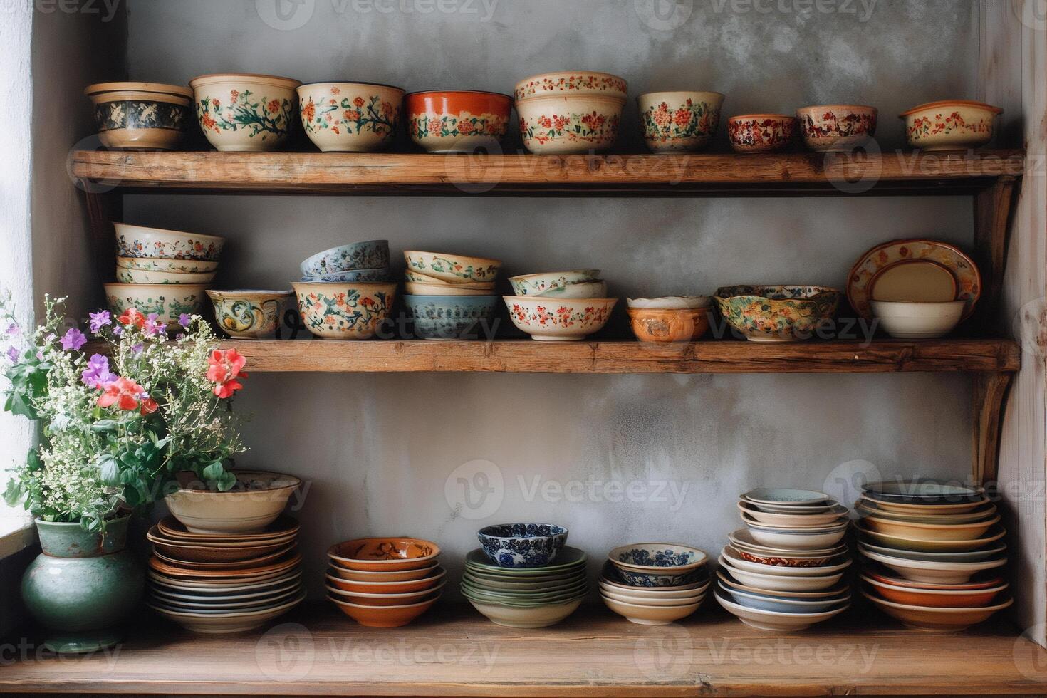 Colorful ceramic bowls and plates displayed on rustic wooden shelves photo