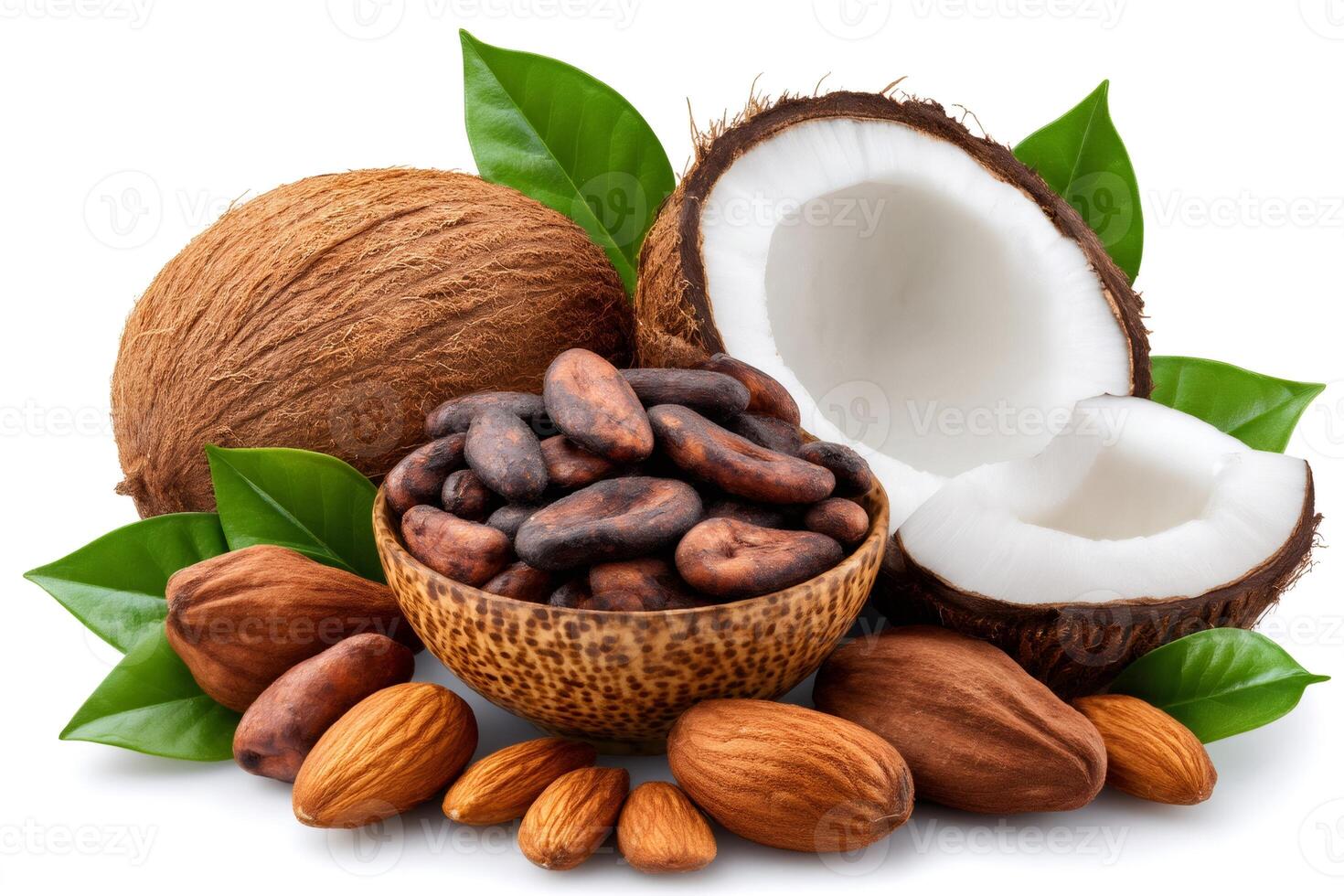Coconut, cocoa beans, and almonds creating a tempting tropical blend photo