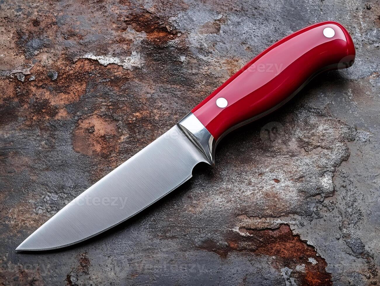 Hunting knife with red handle resting on rusty metal surface photo