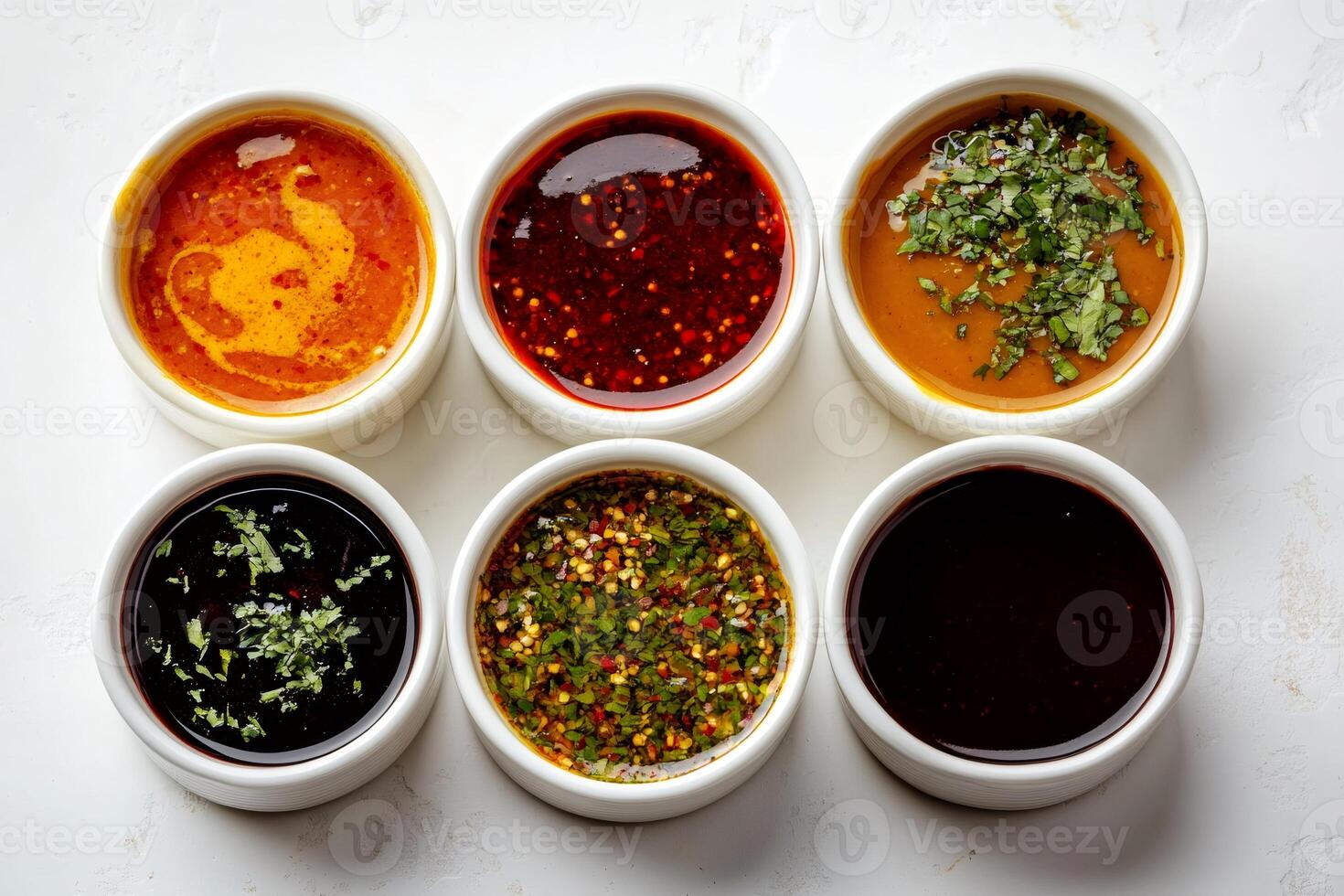 Set of different sauces in bowls on white background photo