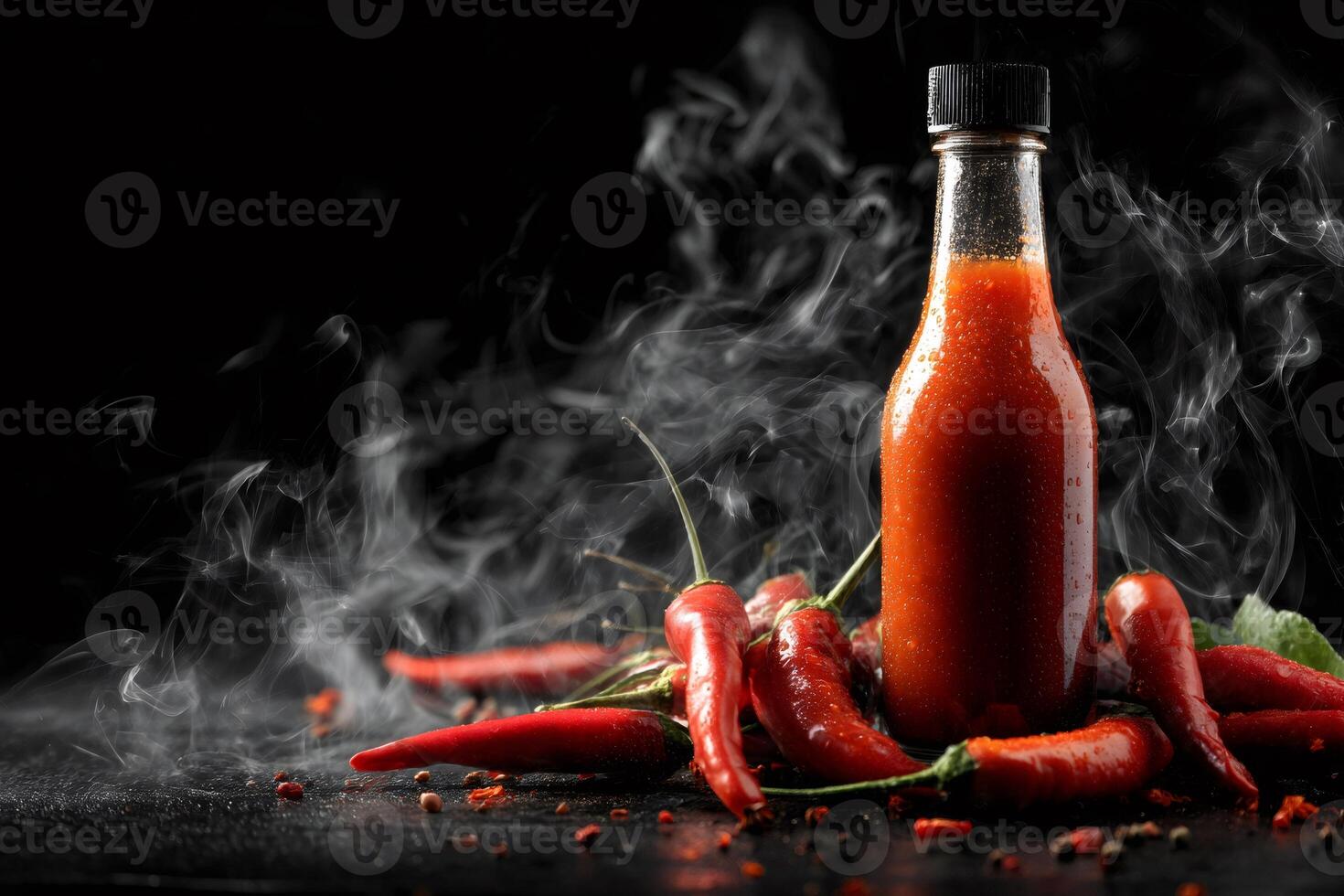 Steaming bottle of hot sauce surrounded by fresh chili peppers photo