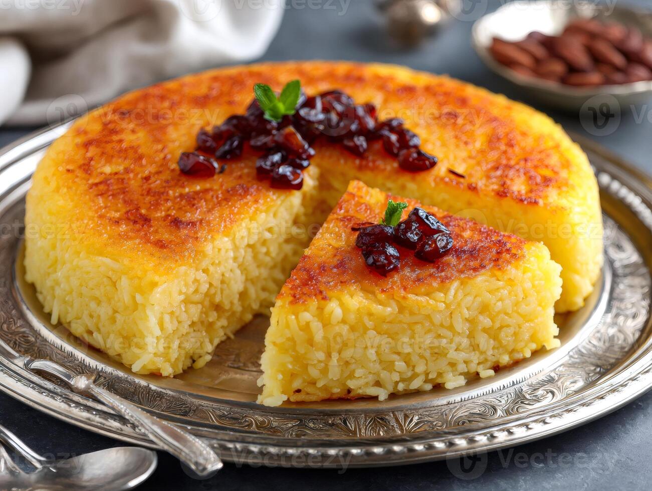 Persian tahchin with saffron, barberry and sliced almonds, cut and served on a silver plate, garnished with dried cranberries and mint photo