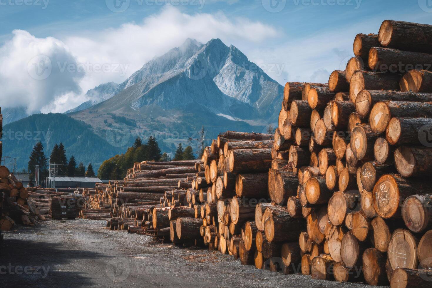 Large pile of logs stacked at lumber mill with mountain in background photo