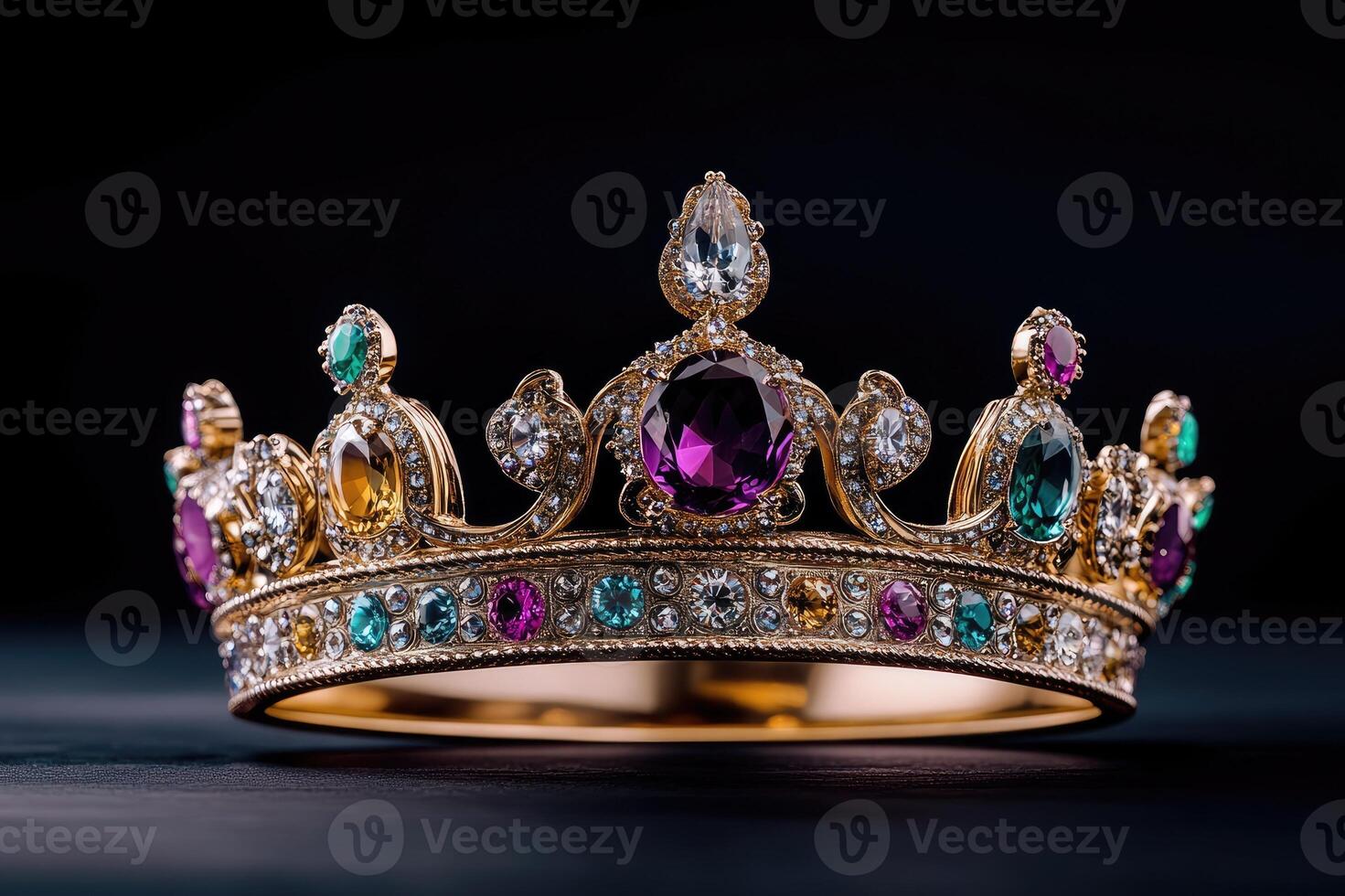 Golden crown sparkling with colorful gemstones on black background photo
