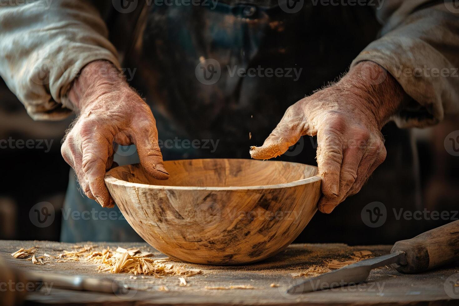 Carpenter showing wooden bowl in workshop photo