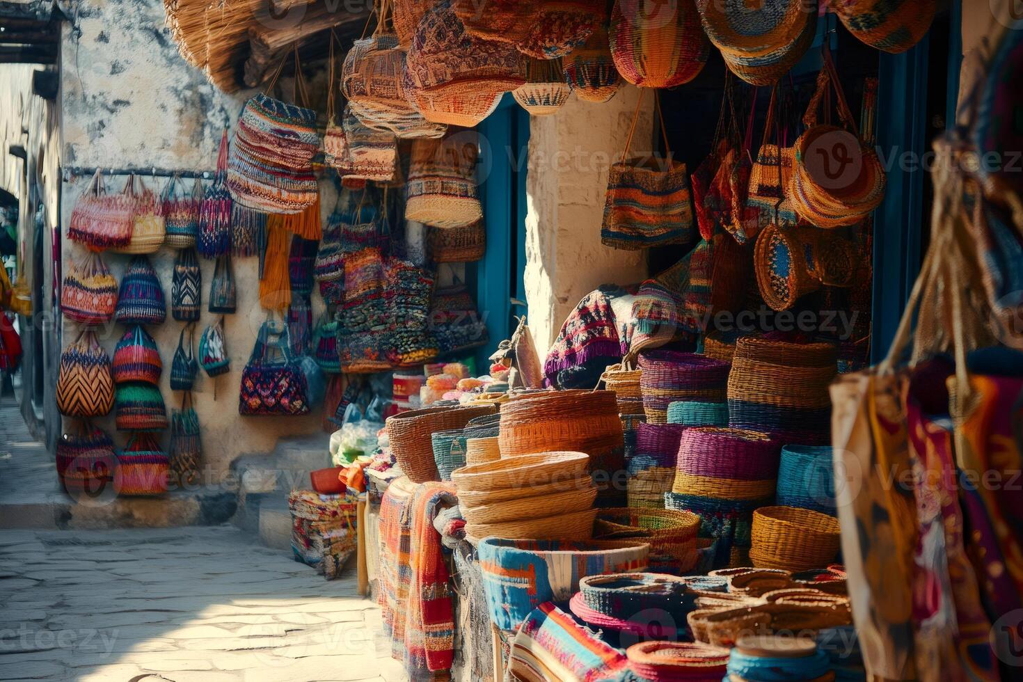 Colorful handmade baskets and bags displayed in a traditional craft shop photo