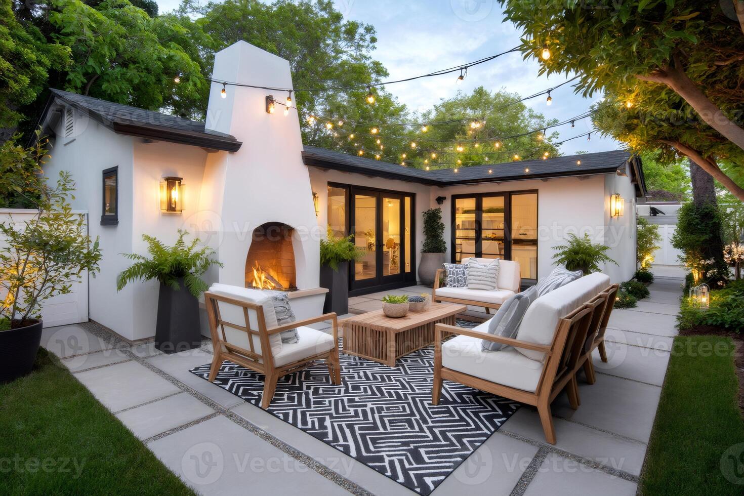 Modern backyard patio with fireplace and string lights illuminating the space at dusk photo