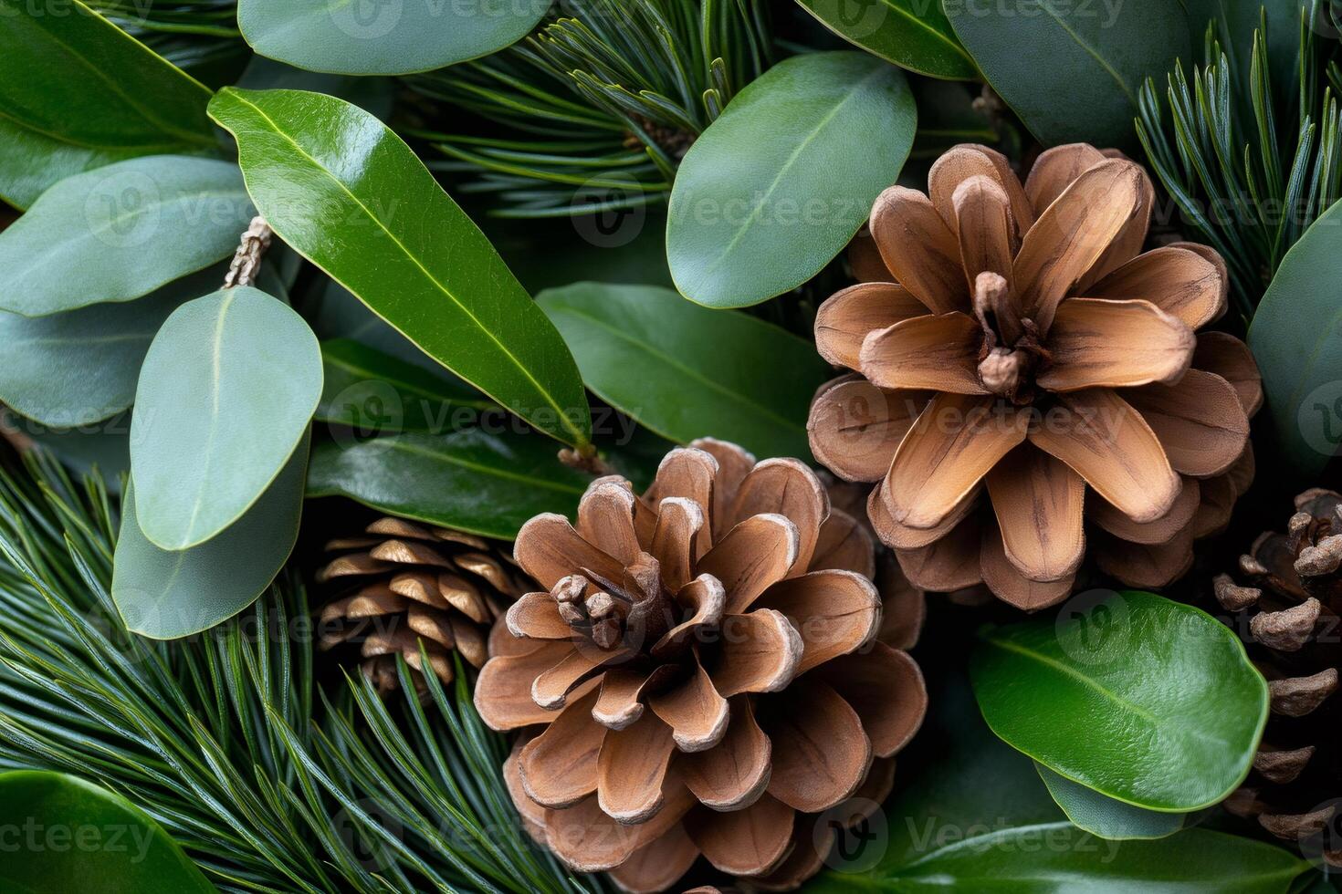 Christmas decoration with pine cones, eucalyptus and green leaves creating festive atmosphere photo