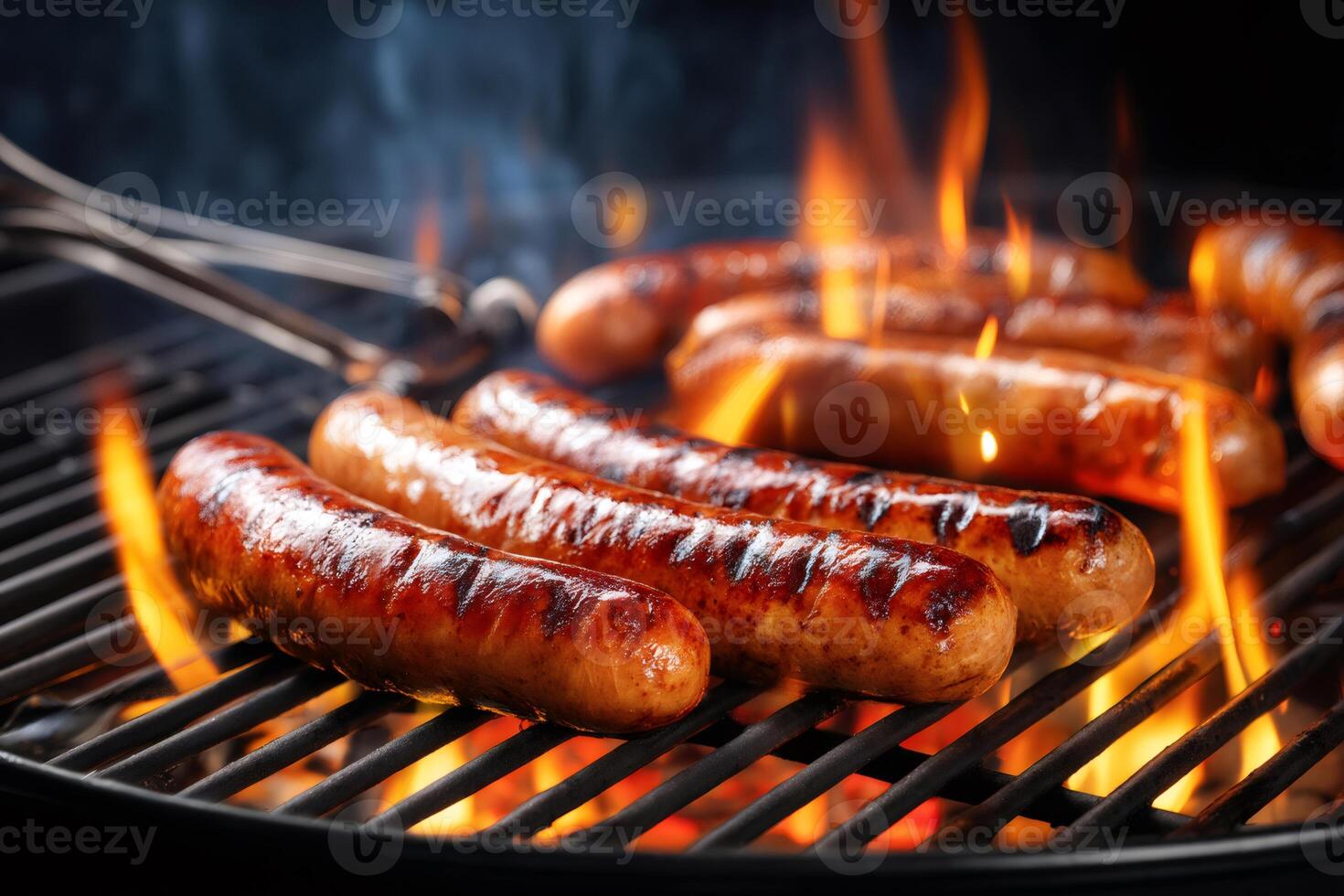 Delicious sausages grilling on barbecue with flames. photo