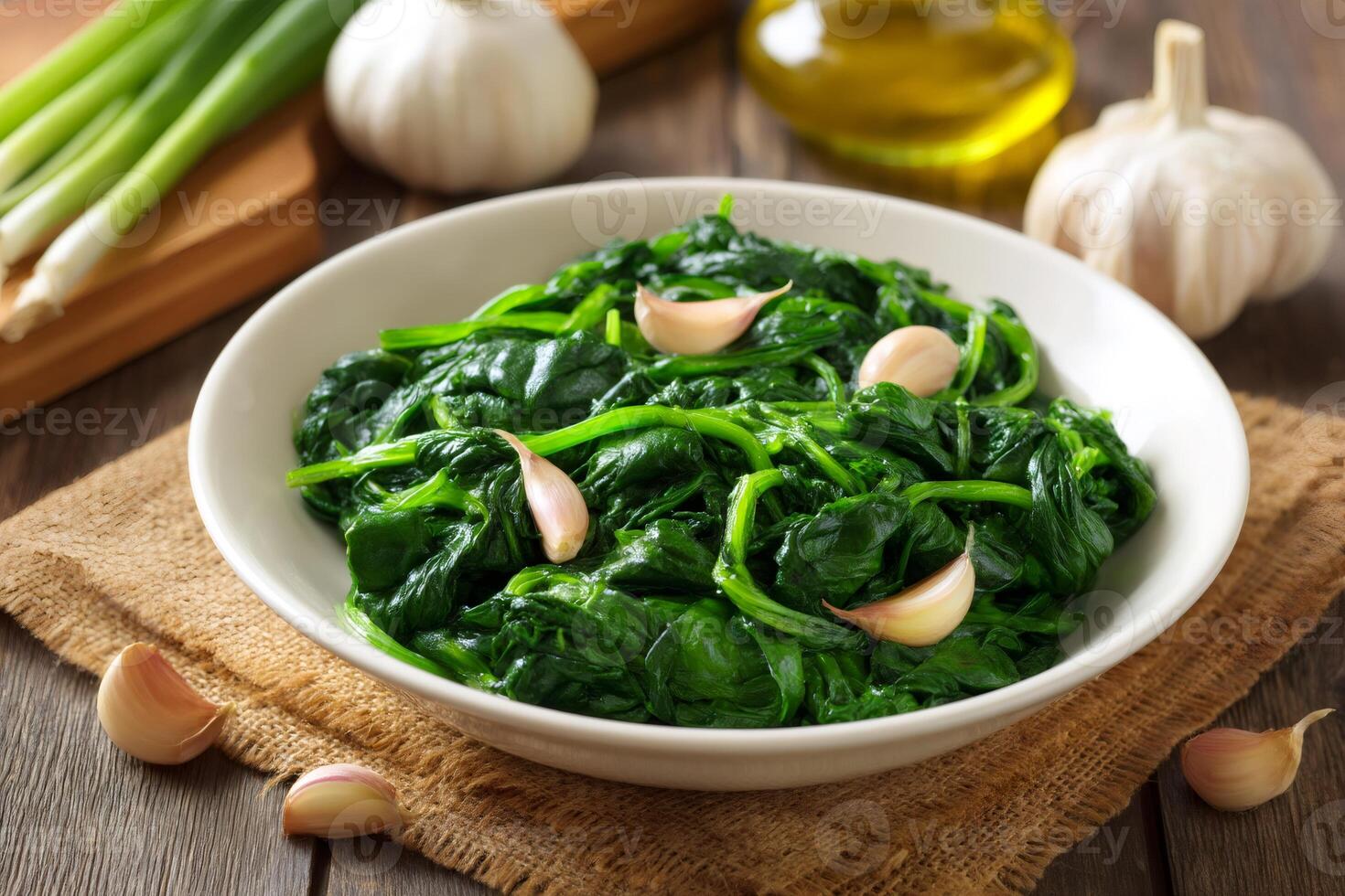 Steamed spinach with garlic cloves and olive oil on rustic wooden table photo