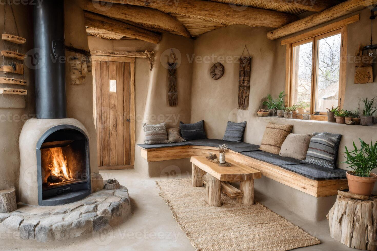 Cozy earthen home interior with burning fireplace and rustic furniture photo
