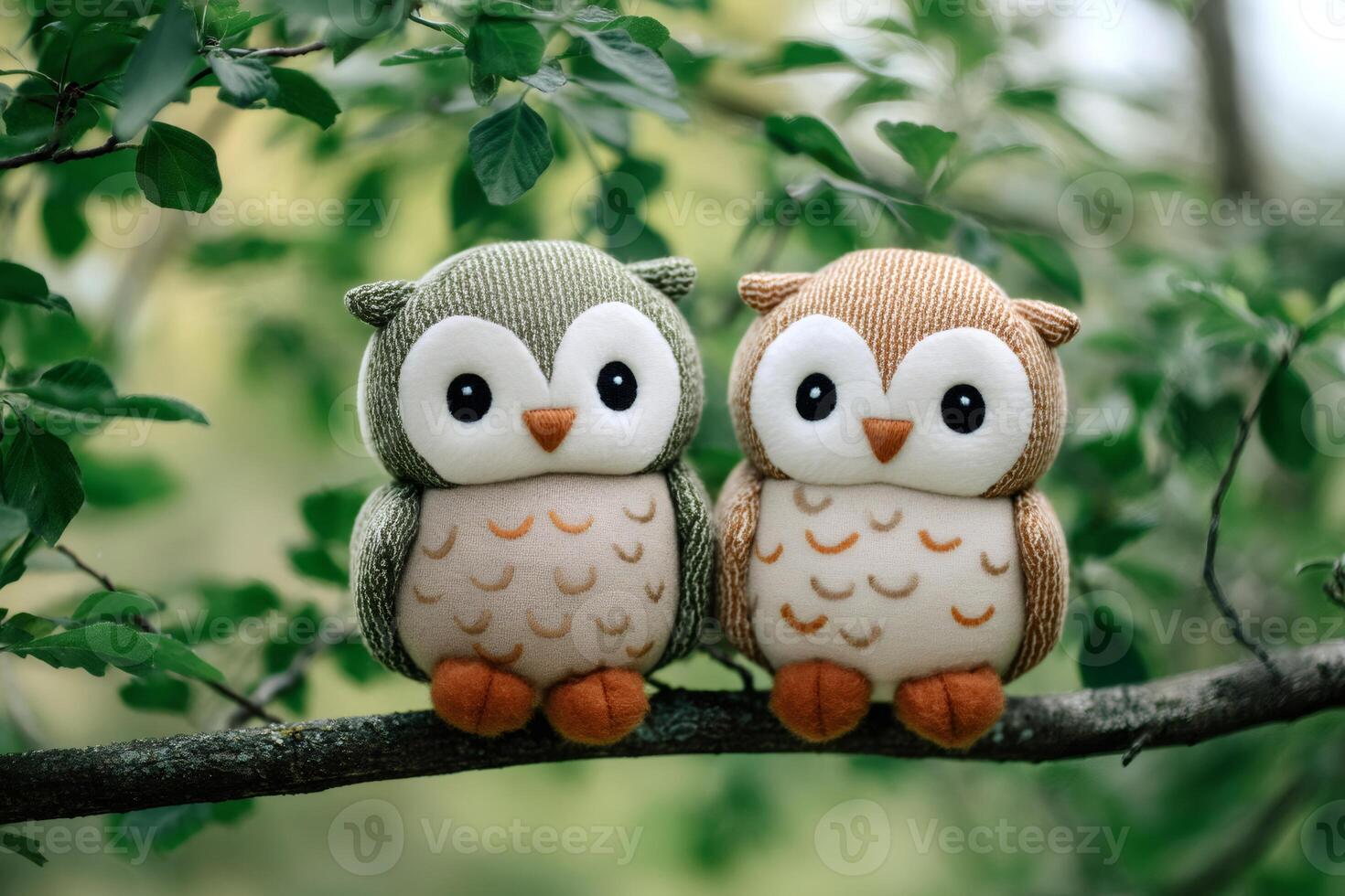Two adorable plush owls perched on a tree branch photo