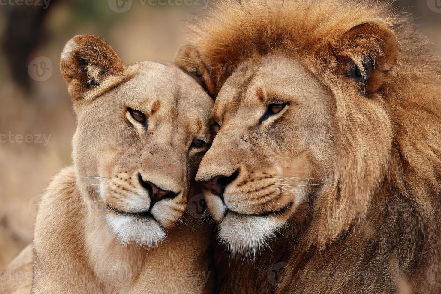 Lion and lioness showing affection in the african savanna. photo