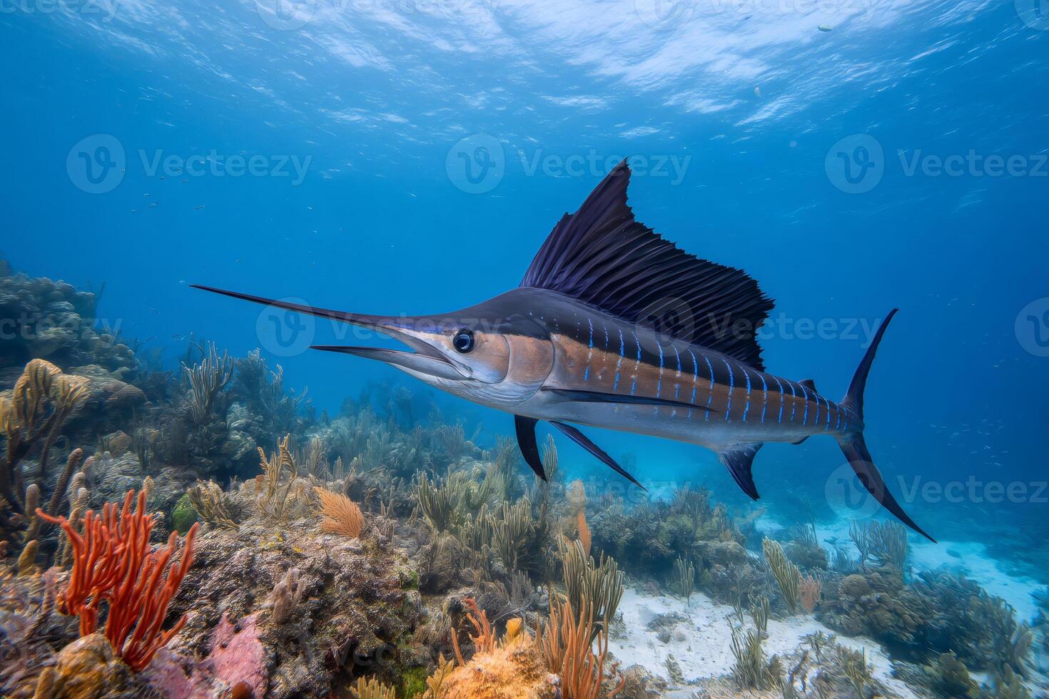 Majestic sailfish swimming over a vibrant coral reef in the ocean... photo