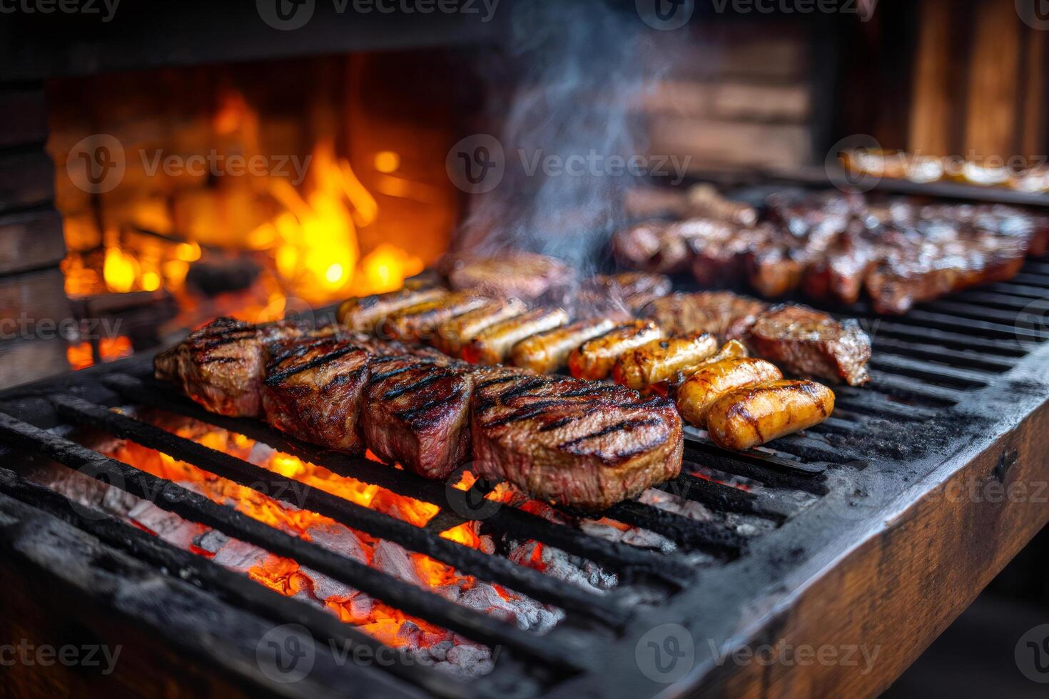 Grilling steaks and sausages on a charcoal barbecue grill with flames photo
