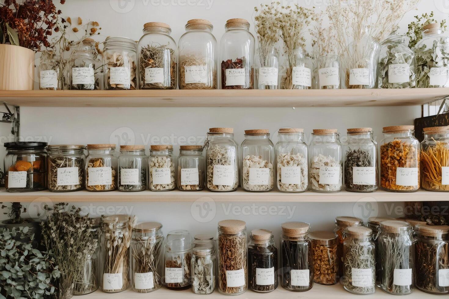 Apothecary neatly arranging dried herbs and flowers in glass jars on wooden shelves photo