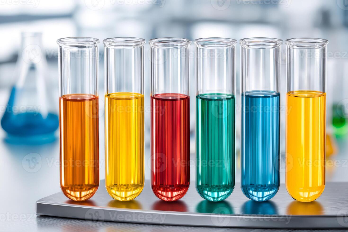 Test tubes containing colorful chemical substances in laboratory setting photo