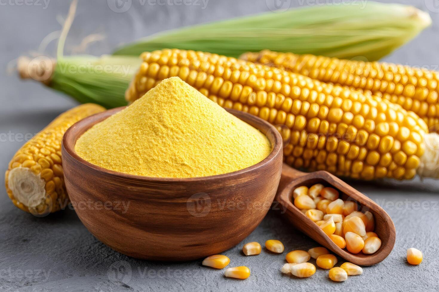 Corn flour in bowl with fresh corn cobs and kernels on grey table photo