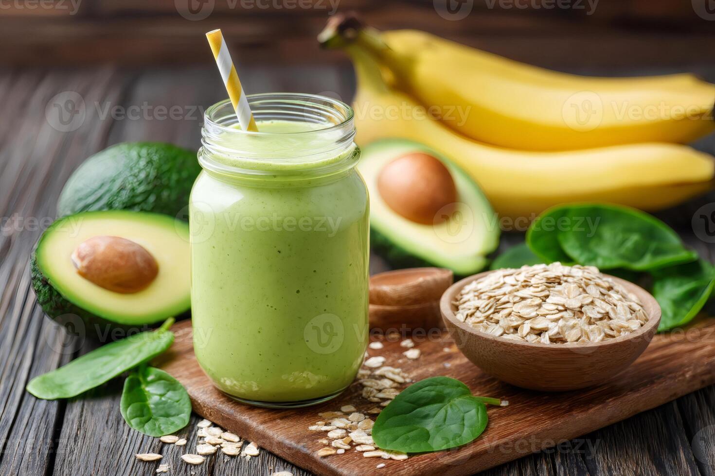 Green smoothie made with banana, avocado, spinach and rolled oats promotes healthy eating habits photo
