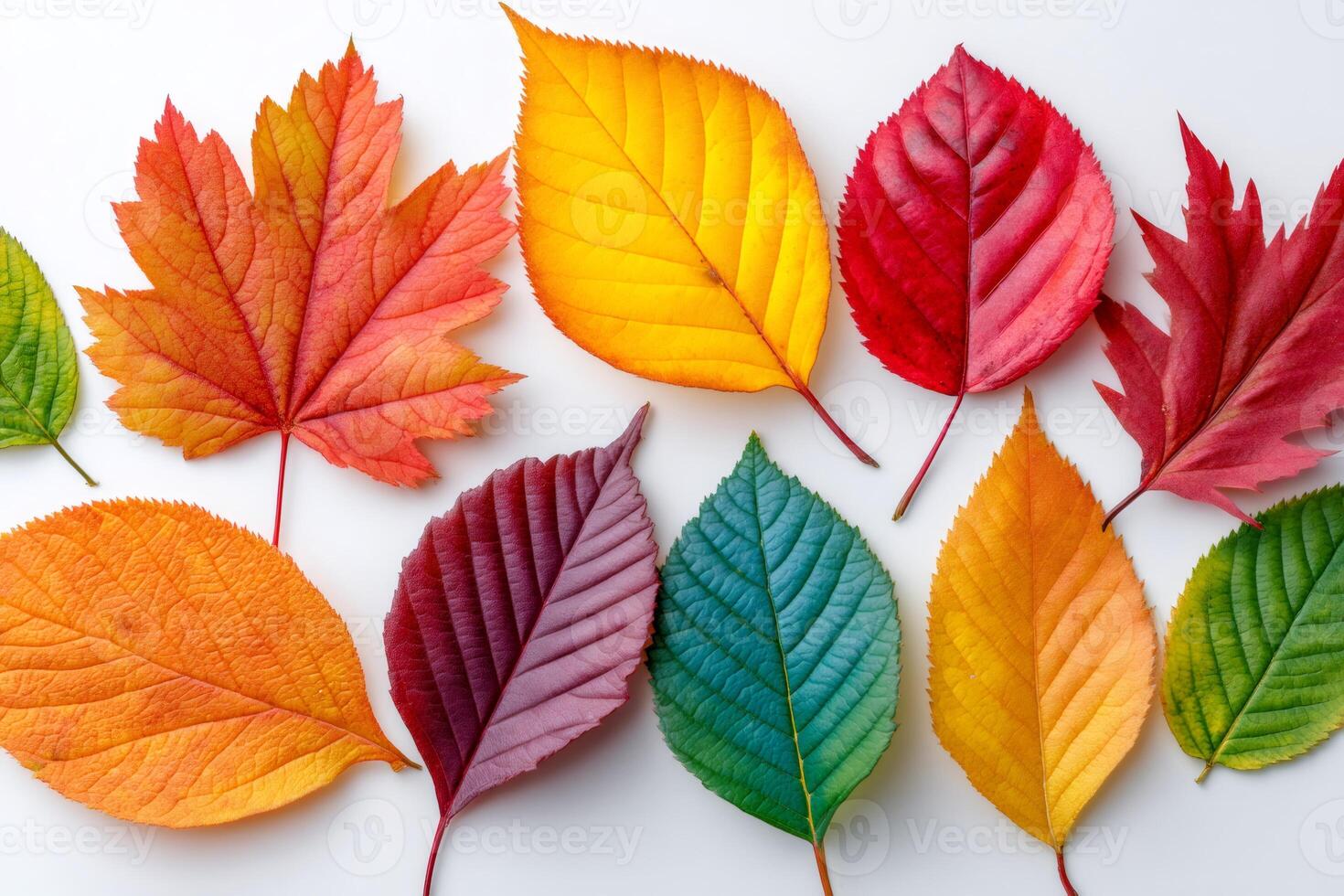 Colorful autumn leaves showing fall colors on white background photo