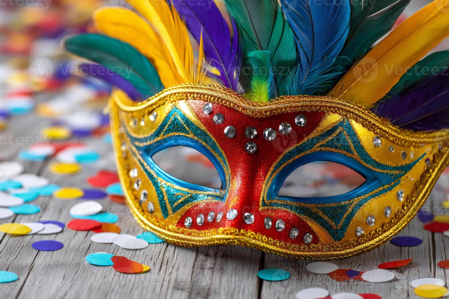 Colorful carnival mask resting on wooden table with confetti photo