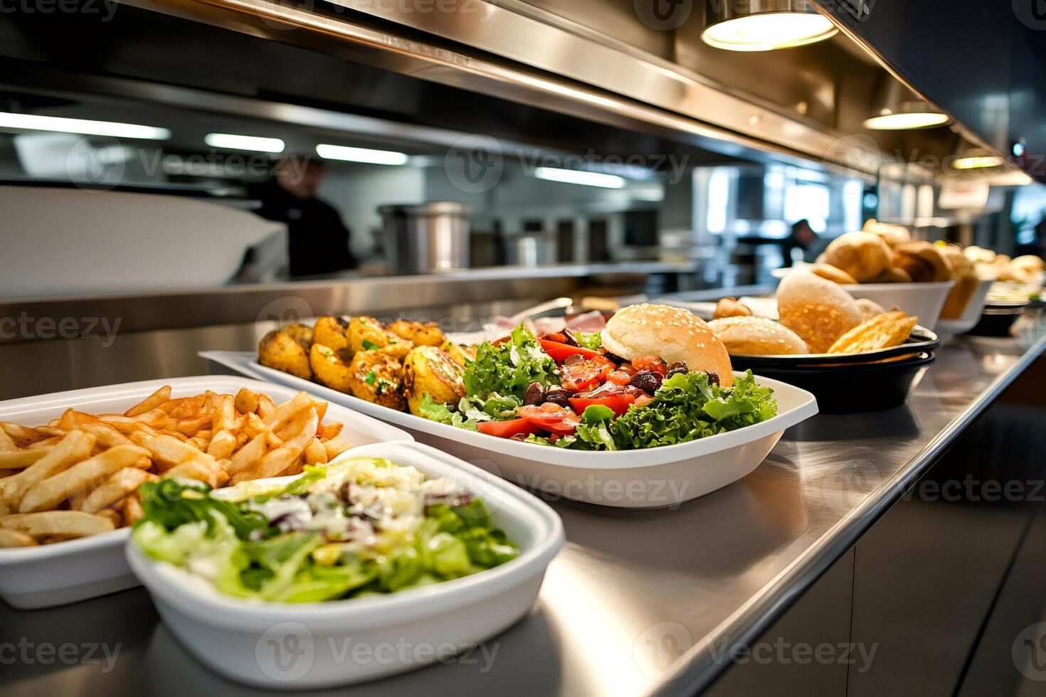 French fries, salads and burgers waiting on metal counter in restaurant kitchen photo