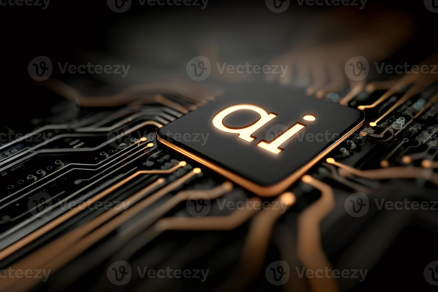 Artificial intelligence chip glowing on motherboard, futuristic computing power photo