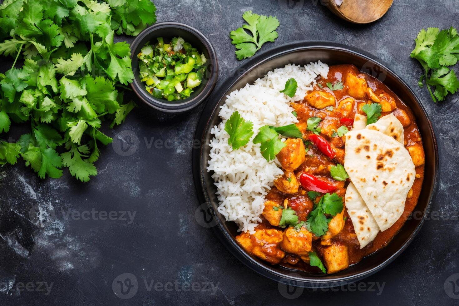 Chicken tikka masala with basmati rice, naan bread, and fresh cilantro being served on dark background photo