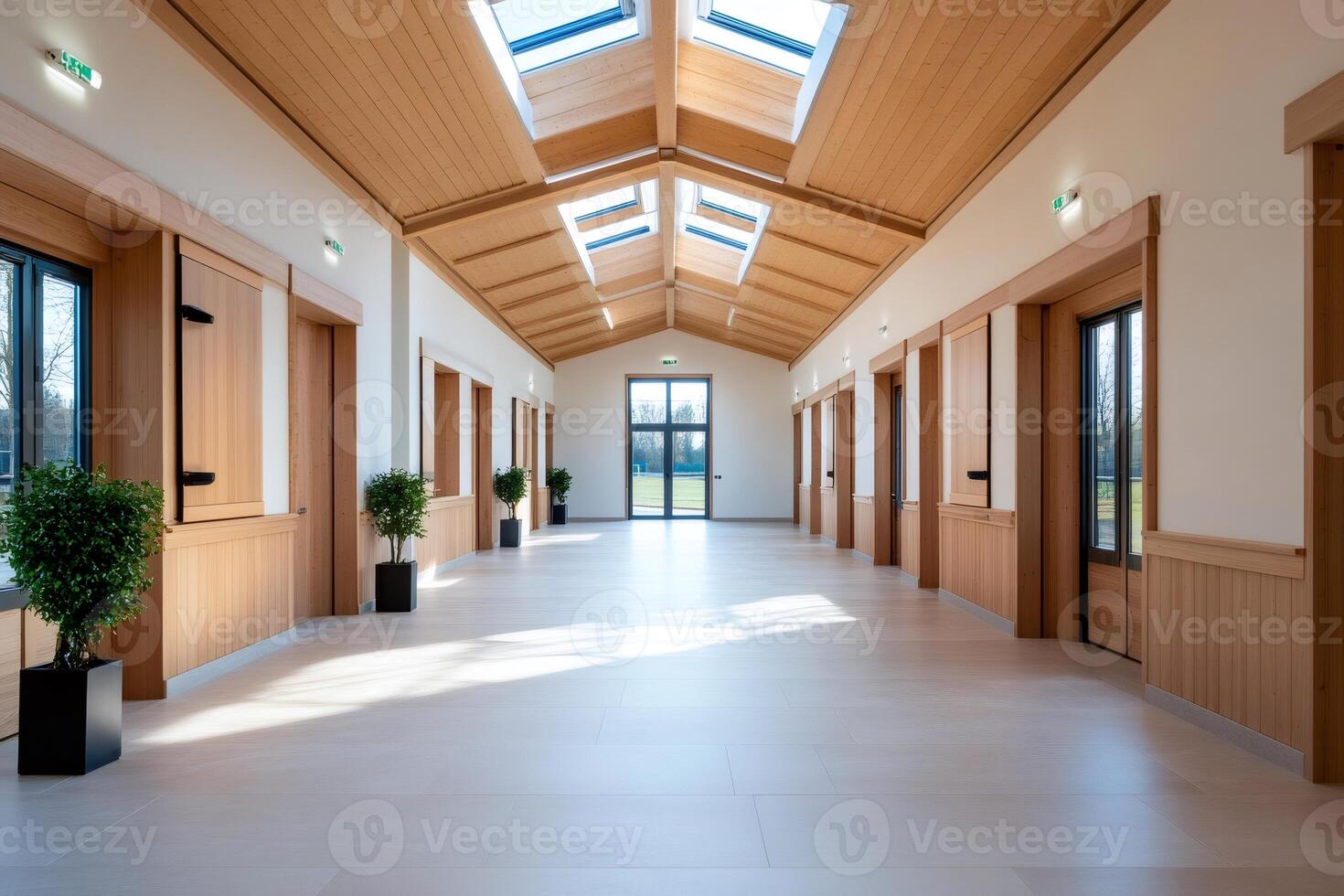 Light filled corridor with wooden paneling and skylights illuminating modern interior photo